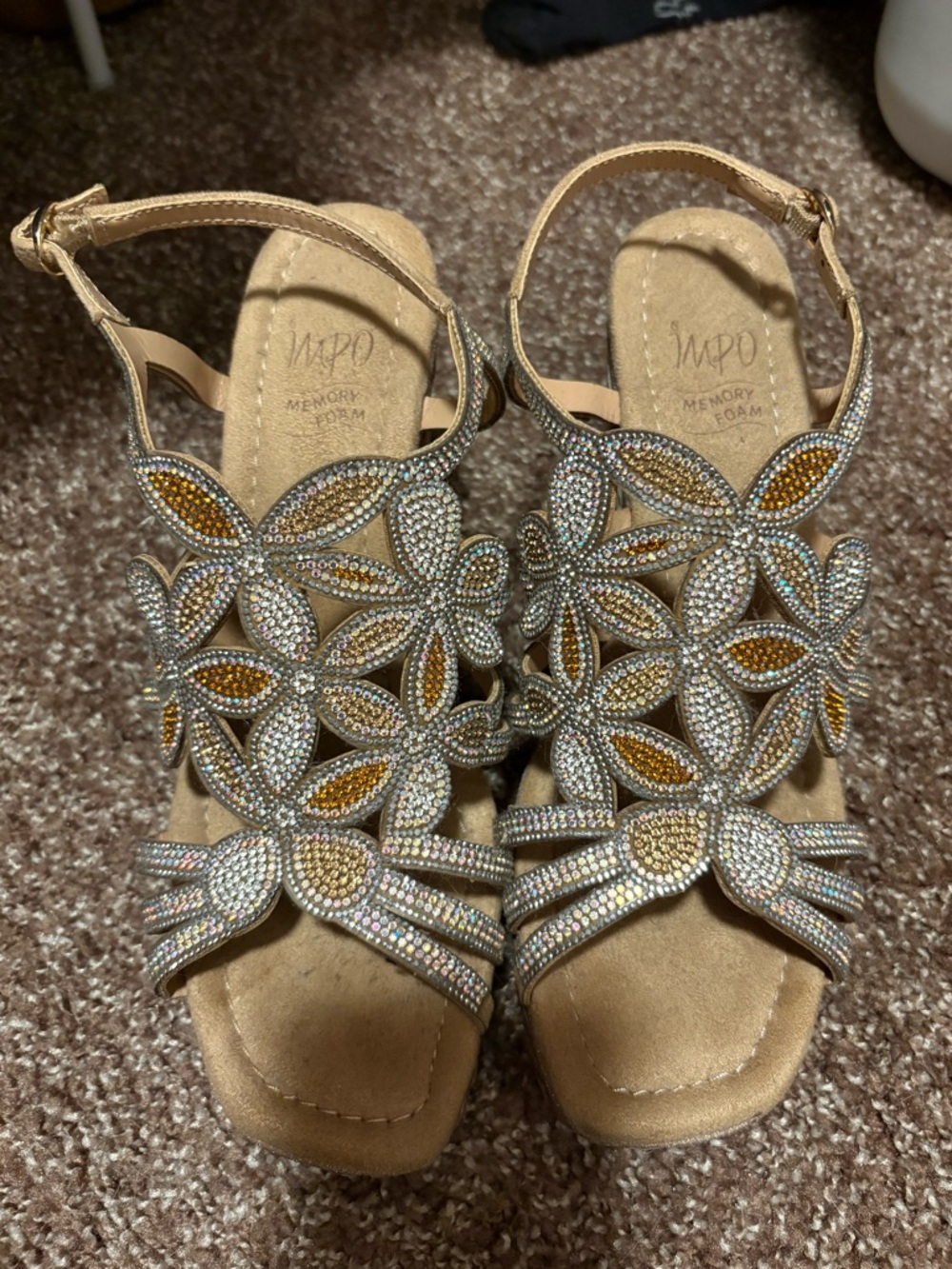 Impo Gold Rhinestone Braided Wedge Sandals